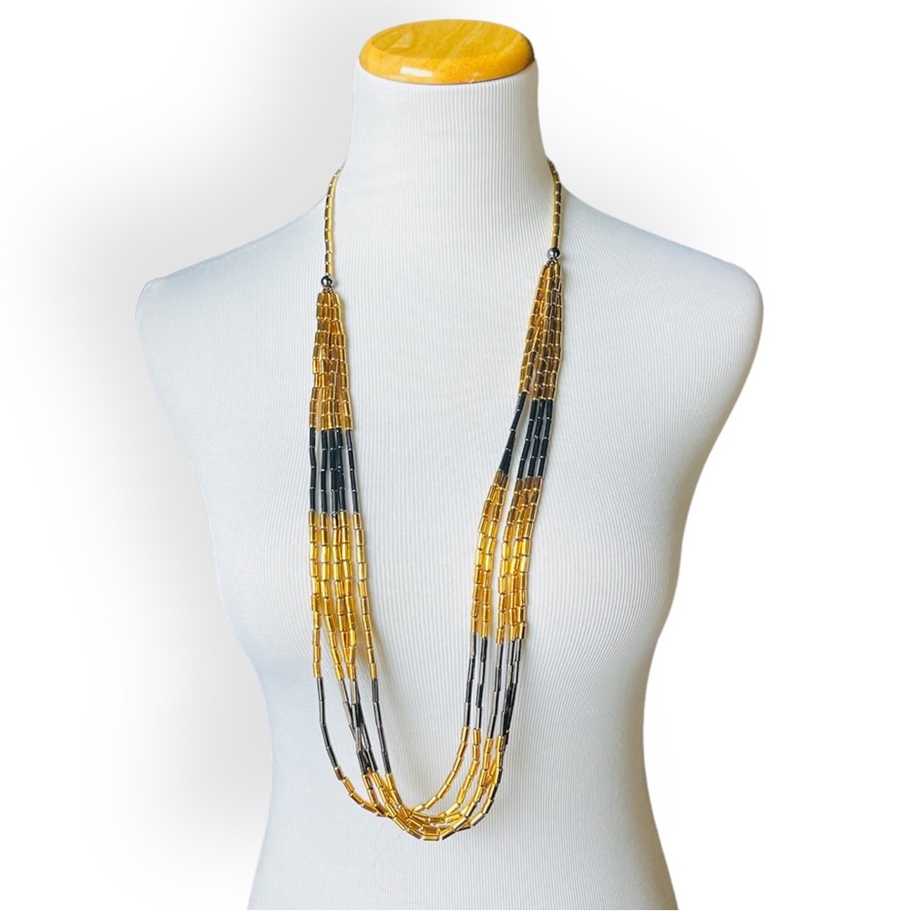 Multistrand Gold Gray Tone Metallic Beaded Opera Length Necklace Colorblock